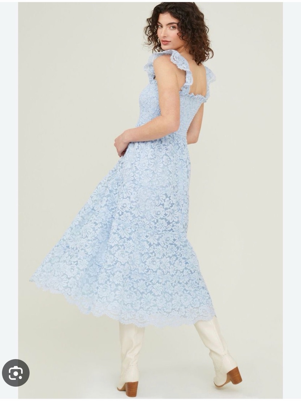 Altar’d State Light Blue Lace Midi Dress with Ruffled Straps